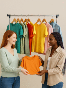 Deux femmes échangent un t-shirt orange devant un portant de vêtements colorés dans la boutique seconde main MySongOriginal